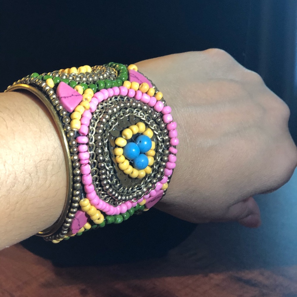 Boho cuff multi colored bead bracelet - Picture 6 of 6